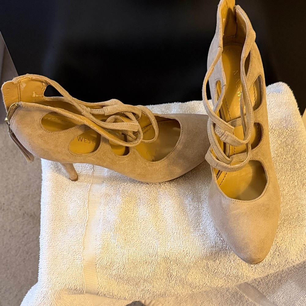 Nine West Taupe Suede Lace-Up Heels